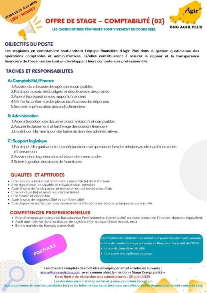 ONG AGIR PLUS NIGER RECRUTE 02 STAGIAIRES COMPTABLES H/F