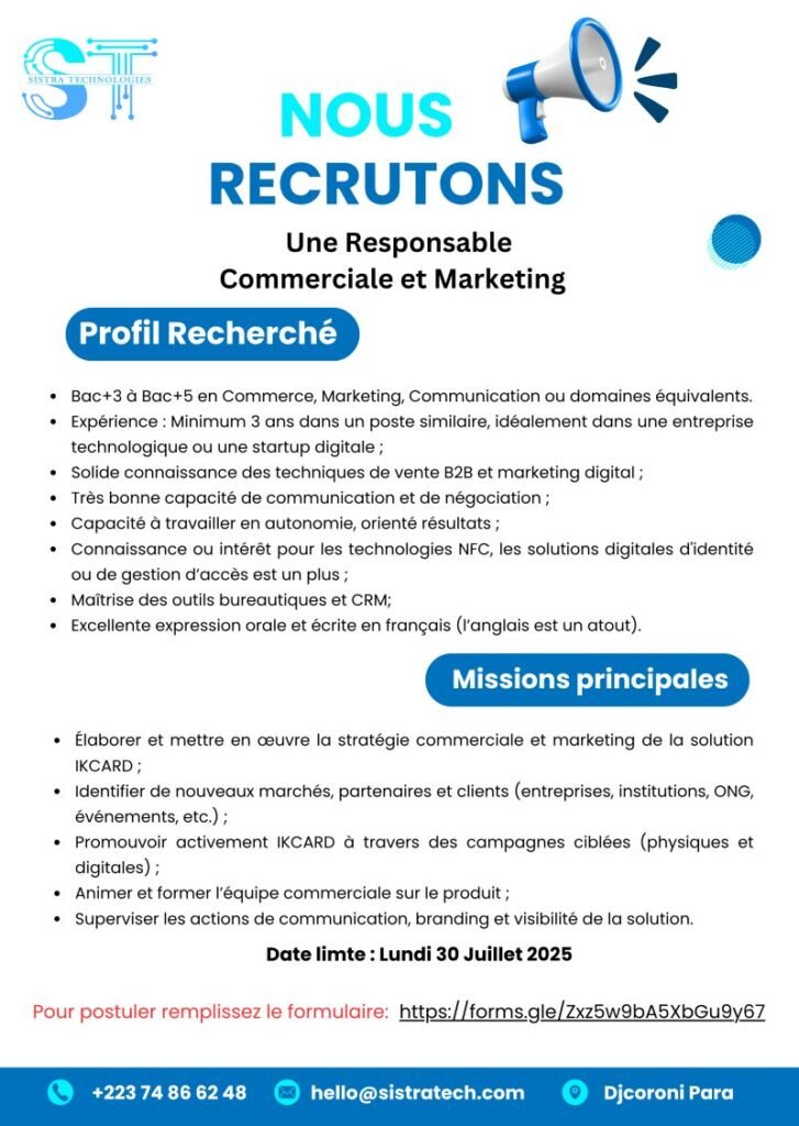 SISTRA TECHNOLOGIES RECRUTE RESPONSABLE COMMERCIALE ET MARKETING H/F