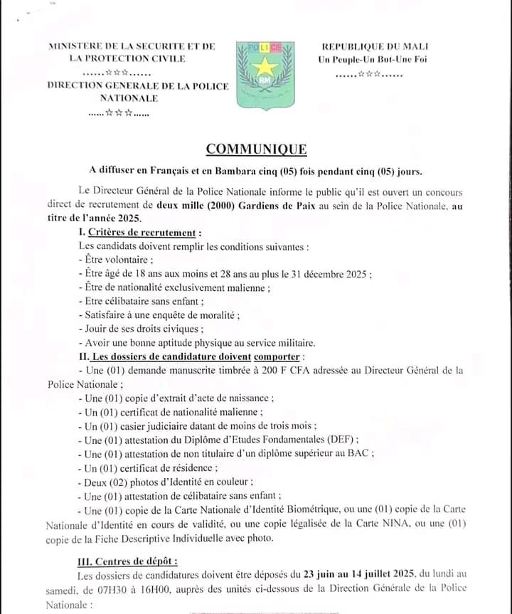 RECRUTEMENT DE 2000 GARDIENS DE LA PAIX