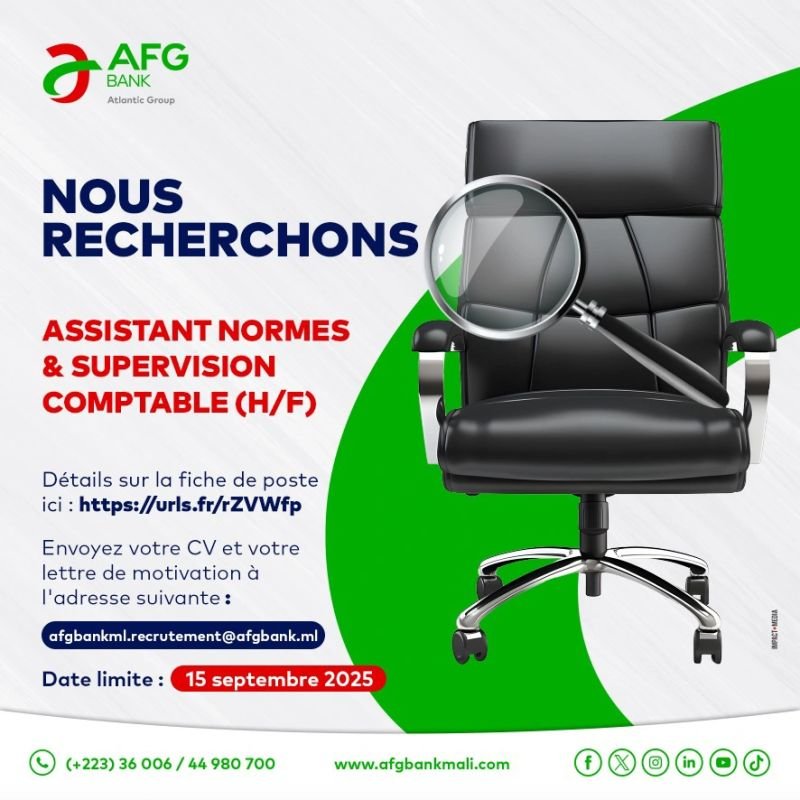 AFG BANK MALI RECRUTE ASSISTANT NORMES ET SUPERVISION COMPTABLE H/F