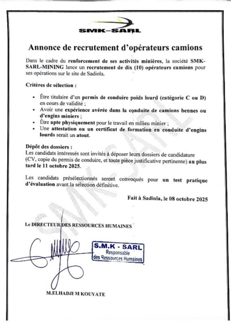 SMK SARL RECRUTE 10 OPERATEURS DE CAMIONS H/F
