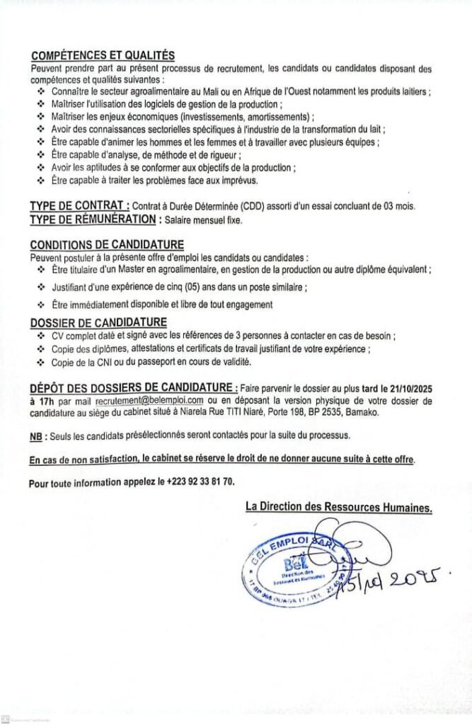 BEL EMPLOI RECRUTE DIRECTEUR DE PRODUCTION H/F