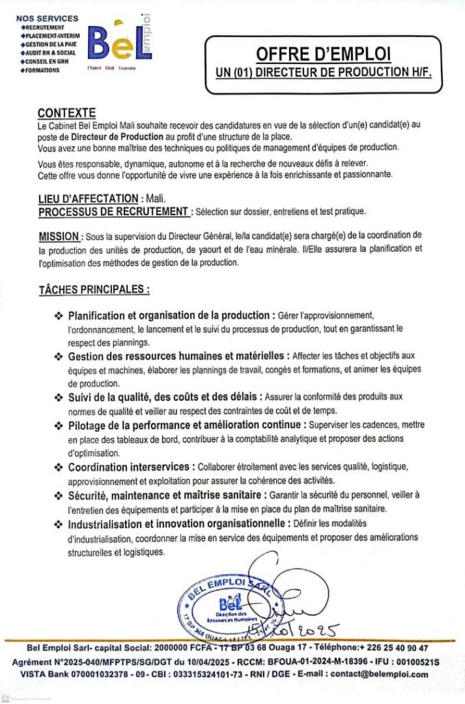 BEL EMPLOI RECRUTE DIRECTEUR DE PRODUCTION H/F