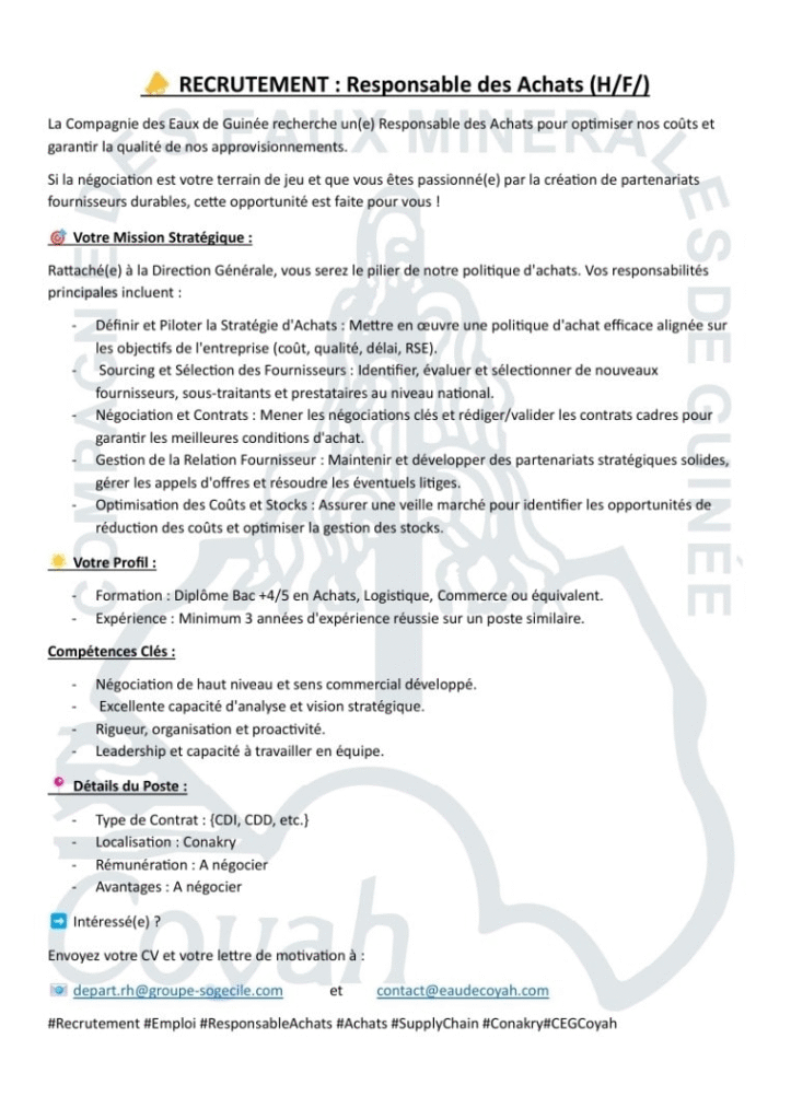 COMPAGNIE DES EAUX DE GUINEE RECRUTE RESPONSABLE DES ACHATS H/F 