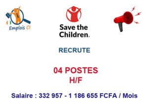 SAVE THE CHILDREN COTE D'IVOIRE RECRUTE 04 POSTES H/F sav