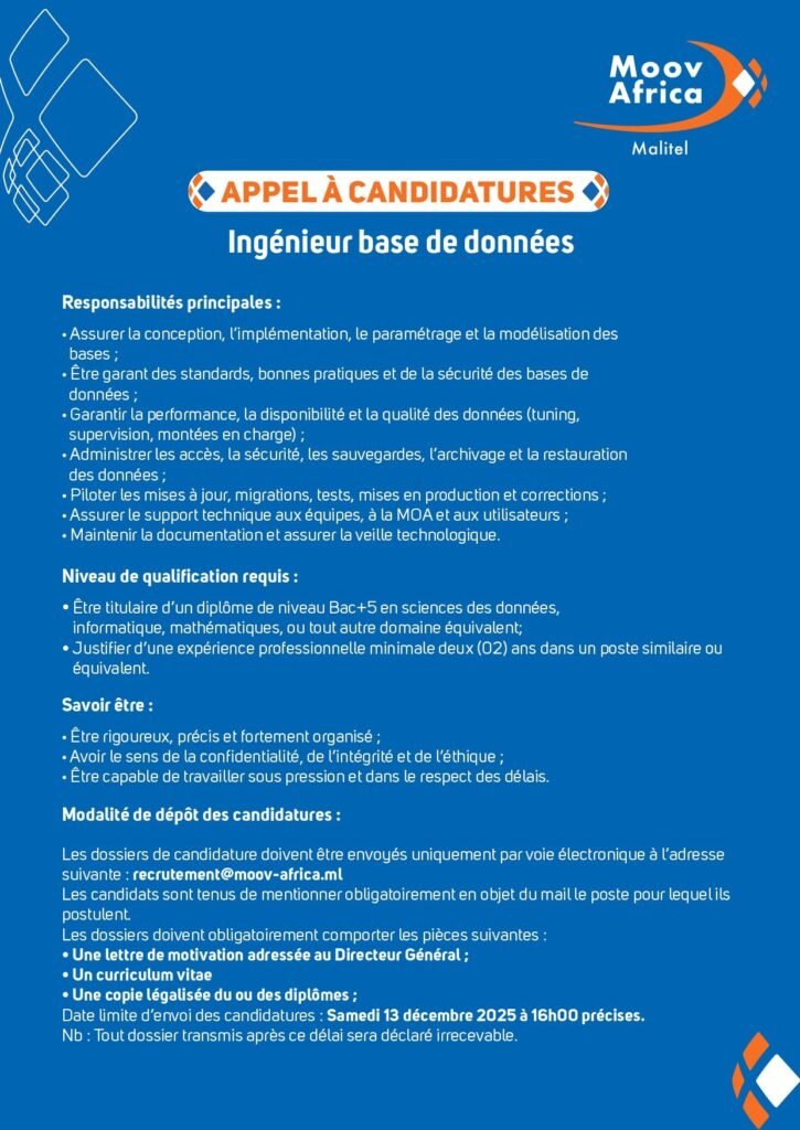 MOOV AFRICA MALITEL RECRUTE 04 POSTES H/F 