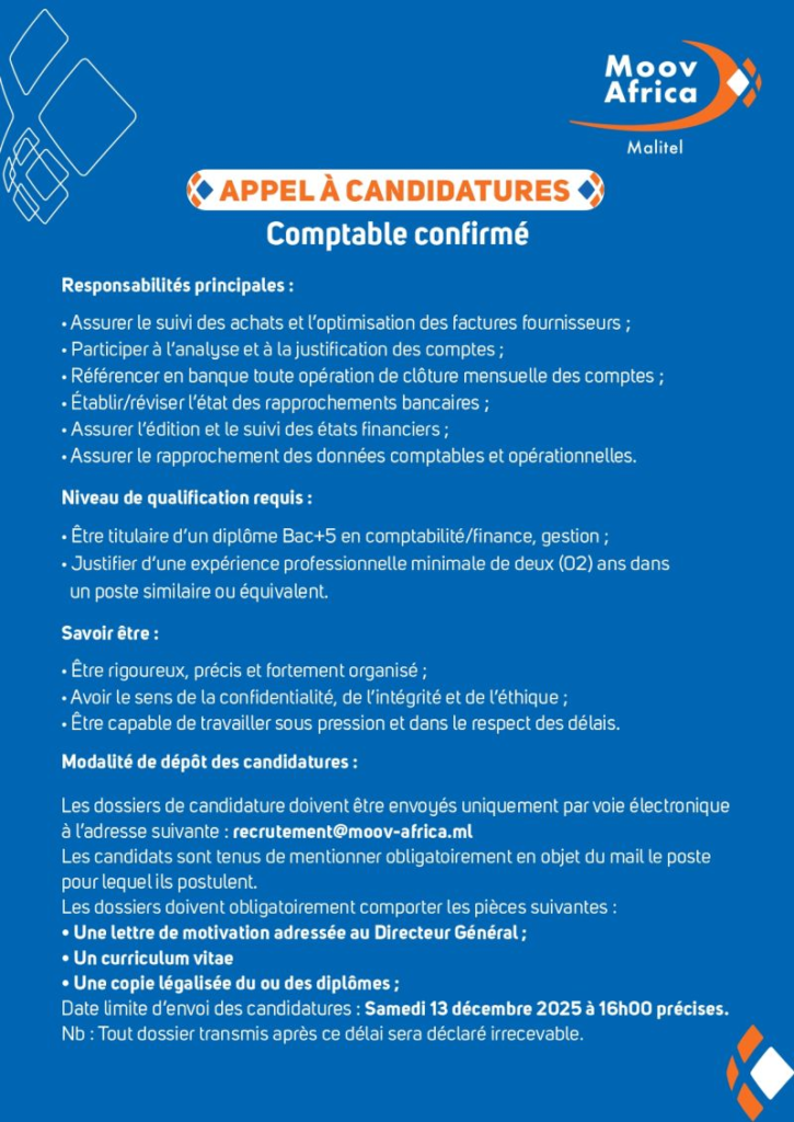 MOOV AFRICA MALITEL RECRUTE 04 POSTES H/F 