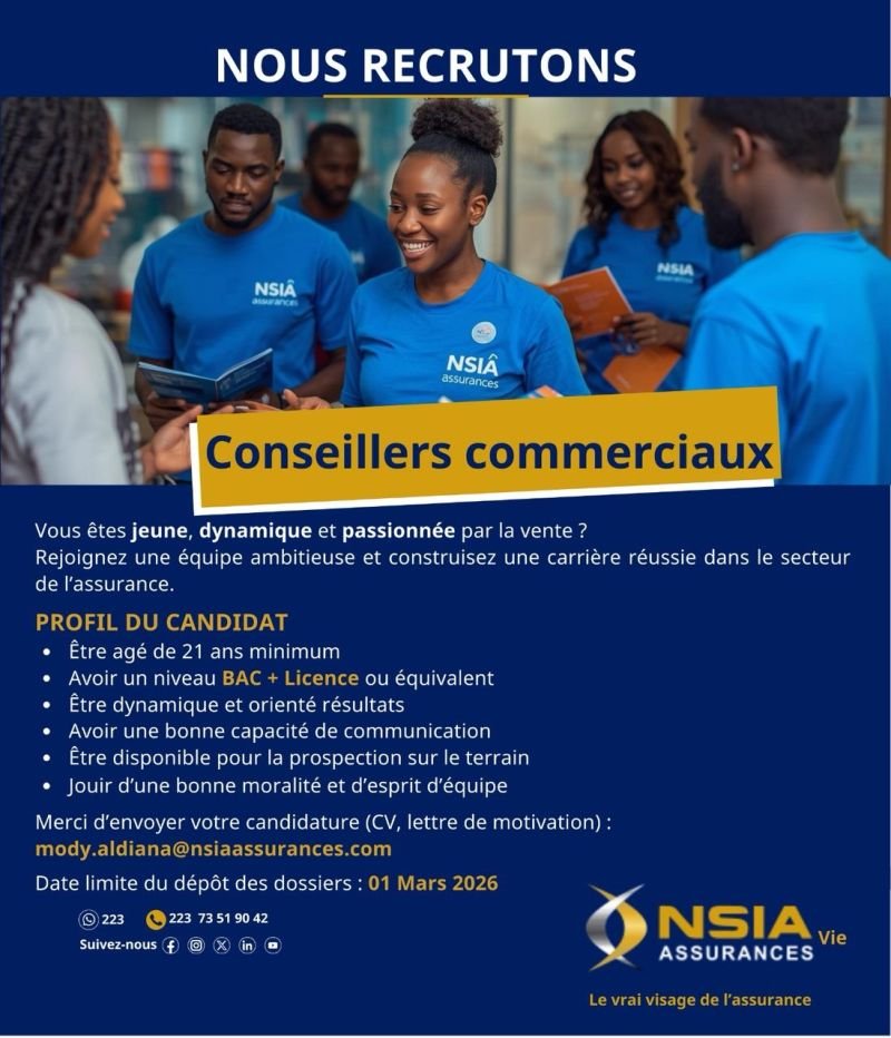 NSIA ASSURANCES RECRUTE DES CONSEILLERS COMMERCIAUX H/F 