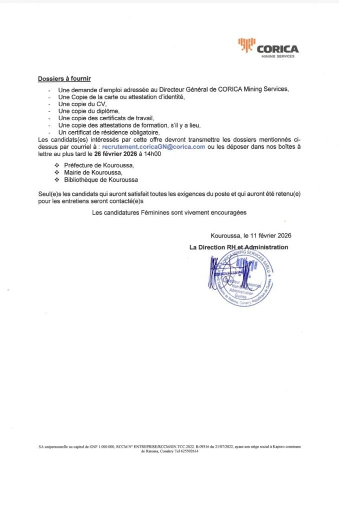 CORICA MINING SERVICES GUINEE RECRUTE OFFICIER LOGISTIQUE ET APPROVISIONNEMENT H/F
