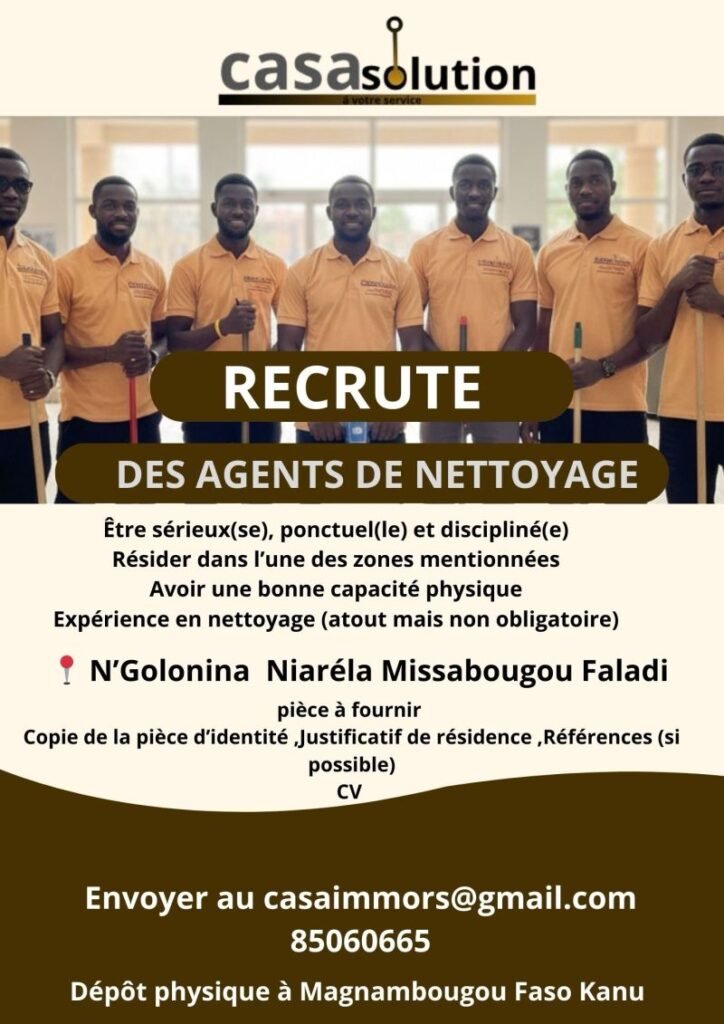 CASA SOLUTION RECRUTE DES AGENTS DE NETTOYAGE H/F 
