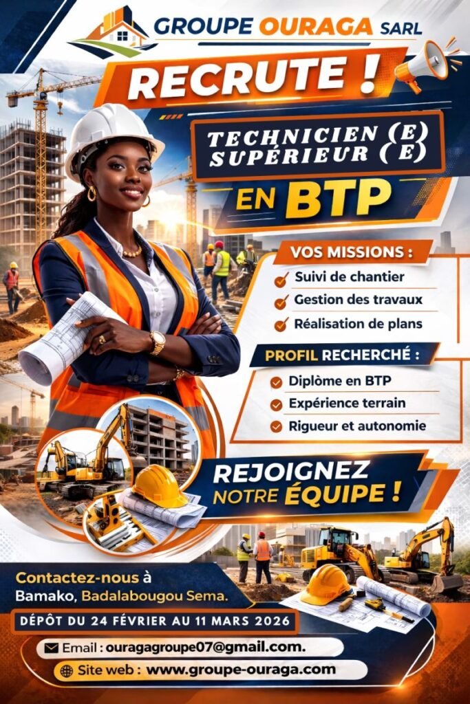 GROUPE OURAGA RECRUTE TECHNICIEN SUPERIEUR EN BTP H/F 