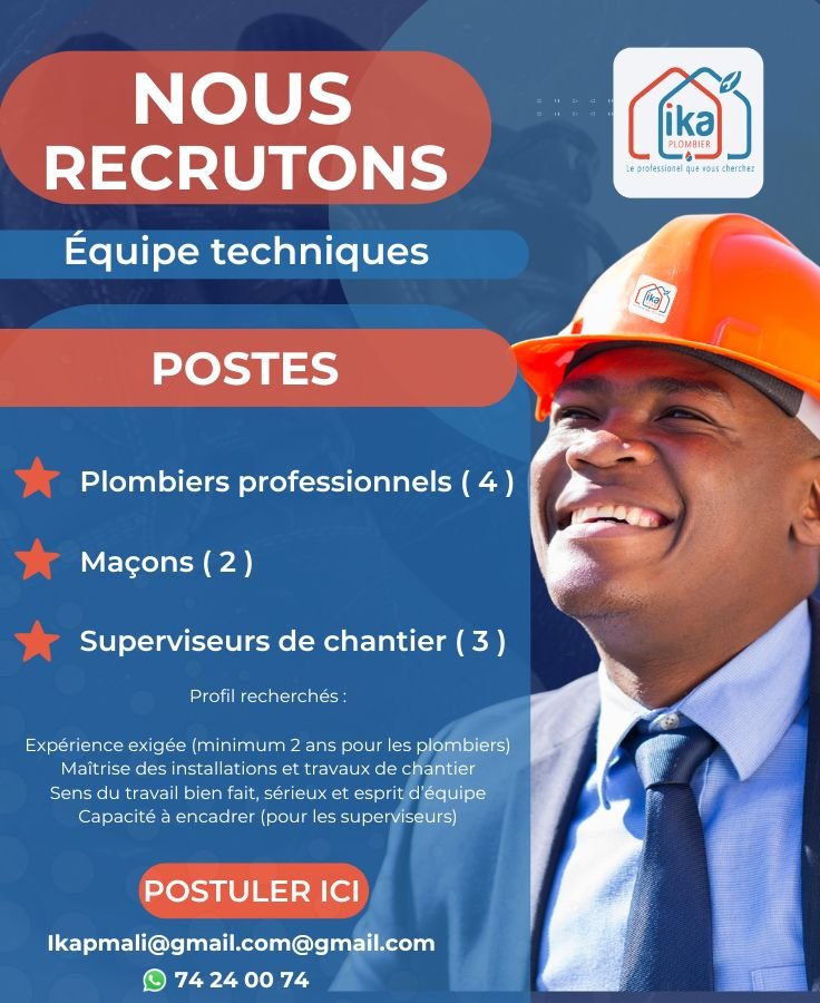 IKA PLOMBIER SARL RECRUTE 09 POSTES H/F 