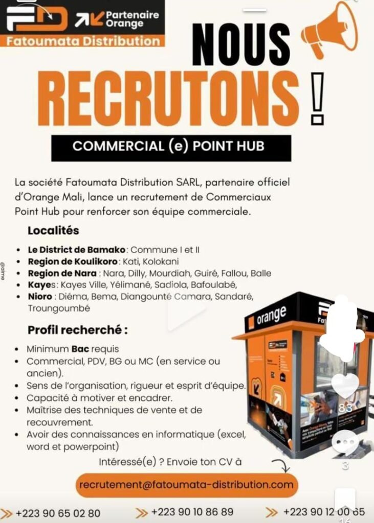 FATOUMATA DISTRIBUTION SARL RECRUTE DES COMMERCIAUX H/F 