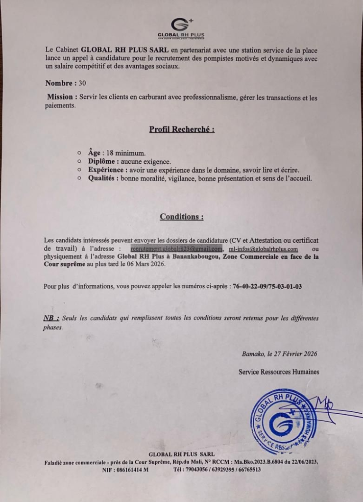 GLOBAL RH PLUS SRAL RECRUTE 30 POMPISTES H/F 