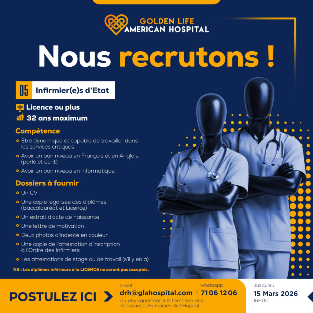 GOLDEN LIFE AMERICAN HOSPITAL RECRUTE 05 INFIRMIERS D'ETAT H/F