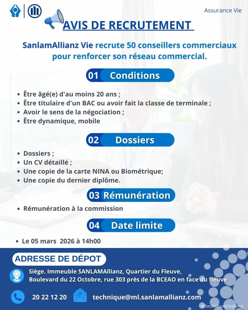 SANLAMALLIANZ VIE MALI RECRUTE 50 CONSEILLERS COMMERCIAUX H/F