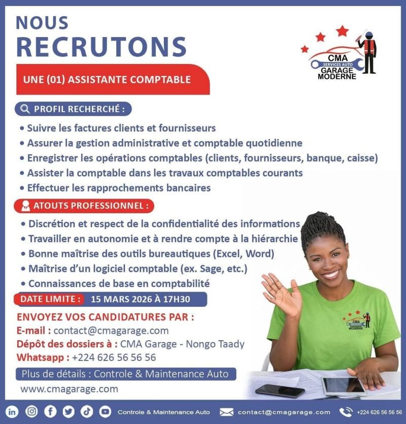 CMA GARAGE RECRUTE ASSISTANTE COMPTABLE