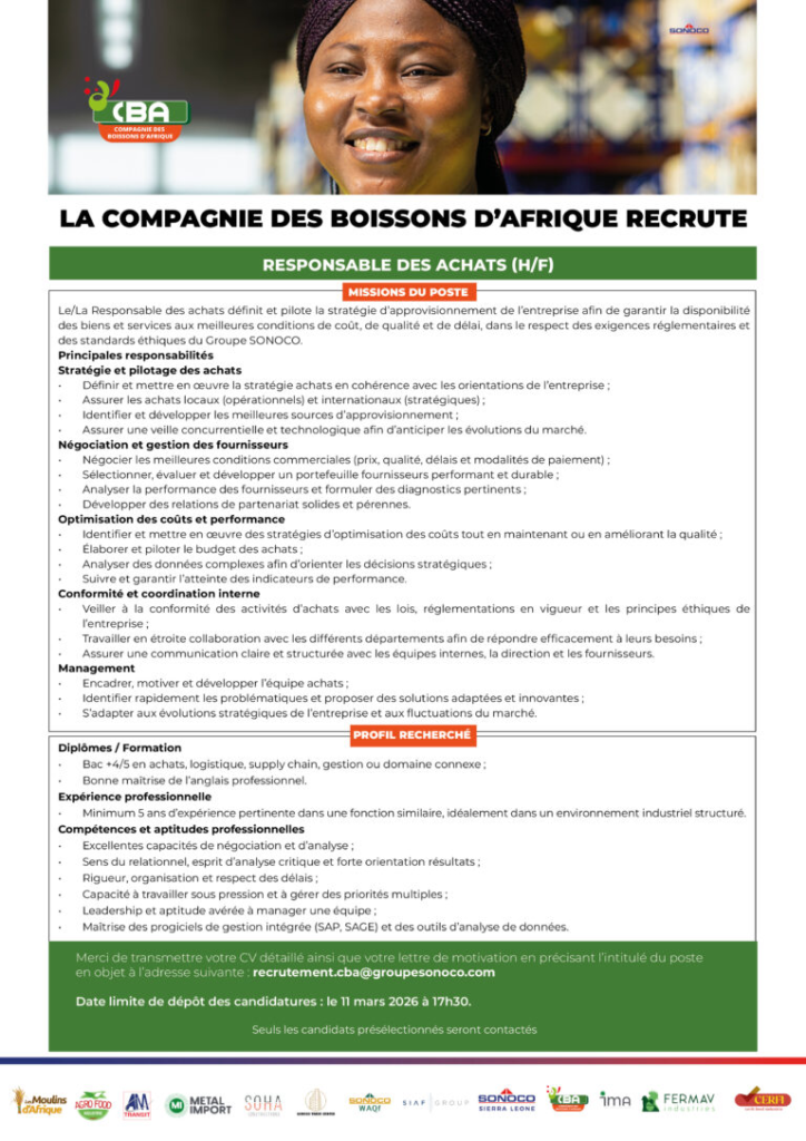LA COMPAGNIE DES BOISSONS D'AFRIQUE RECRUTE RESPONSABLE DES ACHATS H/F 