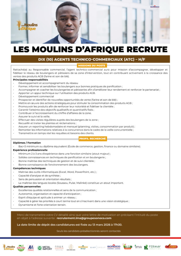 LES MOULINS D'AFRIQUE RECRUTE 10 AGENTS TECHNICO-COMMERCIAUX H/F