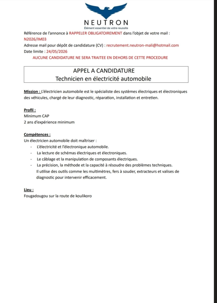 NEUTRON MALI RECRUTE 03 POSTES H/F 