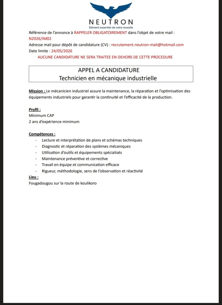 NEUTRON MALI RECRUTE 03 POSTES H/F 
