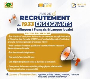 TEACH FOR NIGER RECRUTE 1933 ENSEIGNANTS COMMUNAUTAIRES H/F 1780327725196