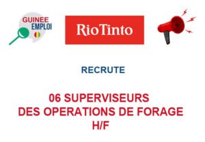 RIO TINTO RECRUTE 06 SUPERVISEURS DES OPERATIONS DE FORAGE H/F 06-SUP